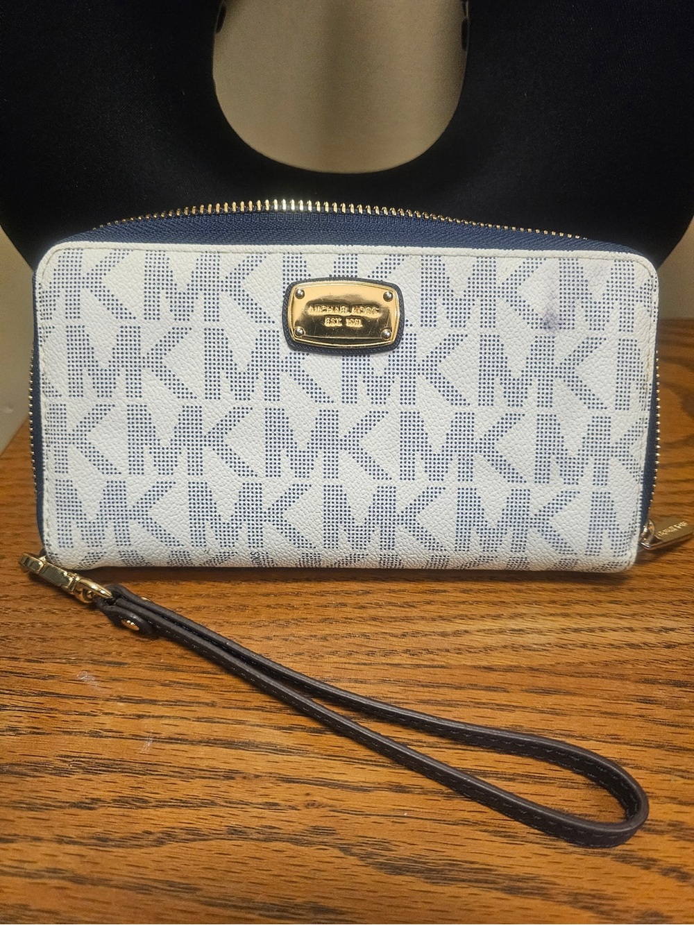 Michael Kors Navy and White MK Logo Zip-Around Wristlet
